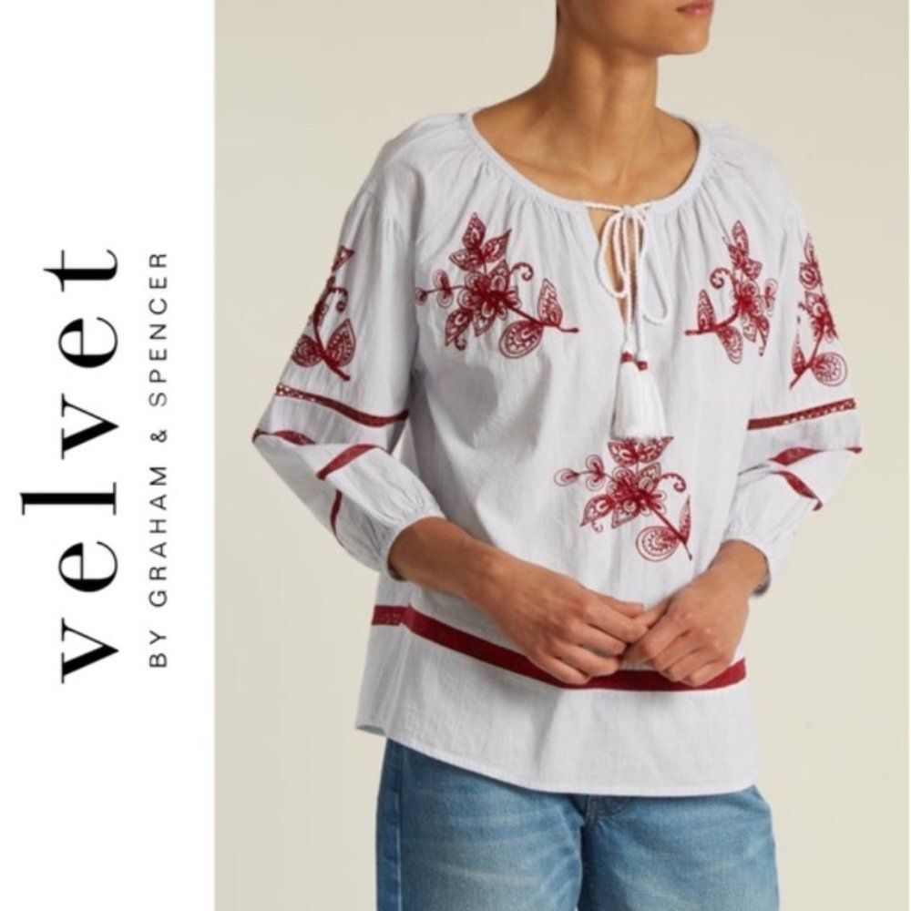 Anthropologie Velvet Embroidered Beaded 3/4 Sleeve Top with Tassels size XS